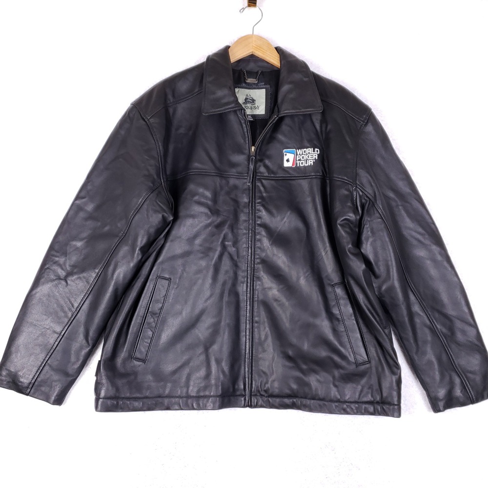 Burks Bay World Poker Tour Jacket Mens XL‎ Black Leather Bomber WPT Logo Y2K